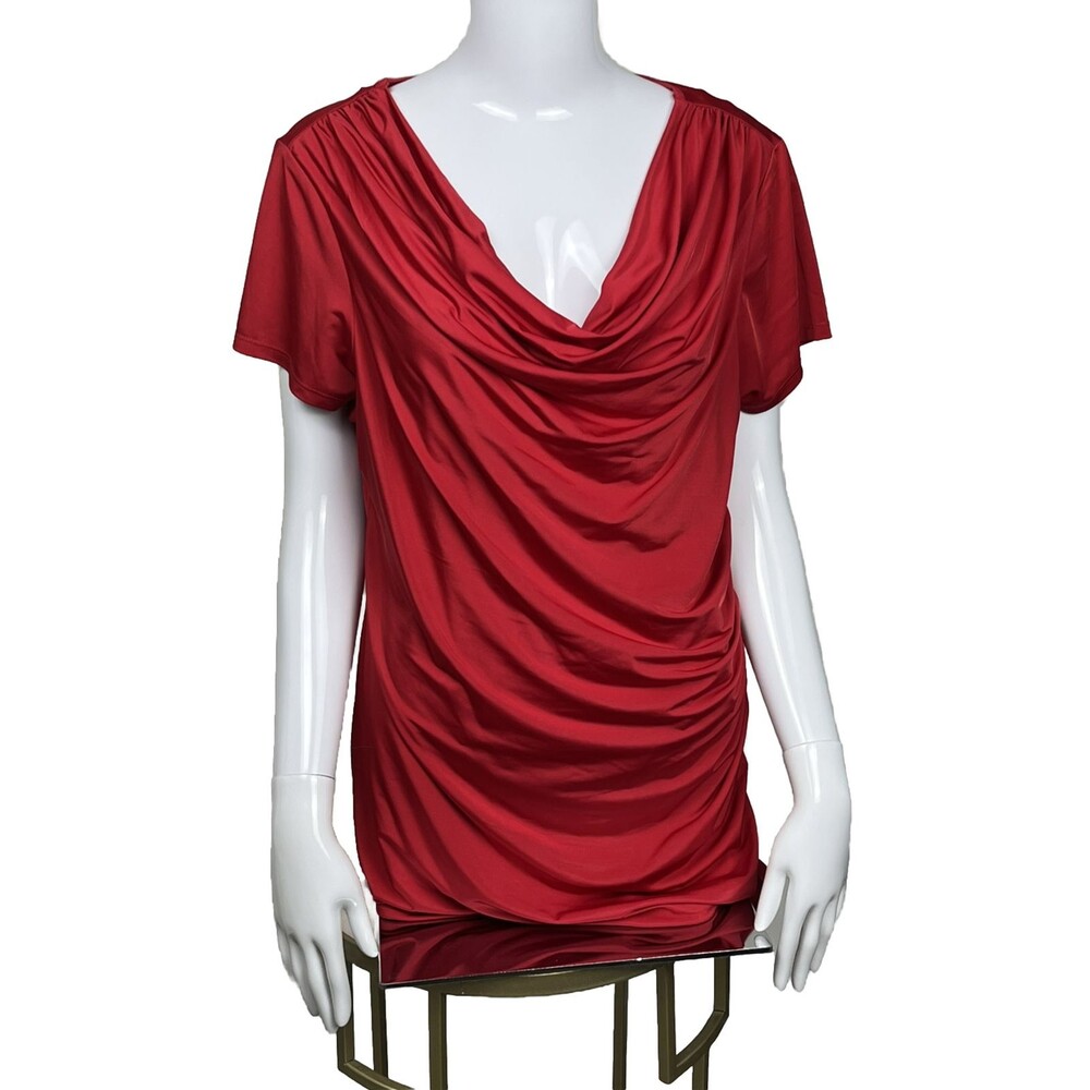 Carmen Marc Valvo Top Short Sleeve Drape Scoop Ruched Stretch Y2K Red XL Blouse